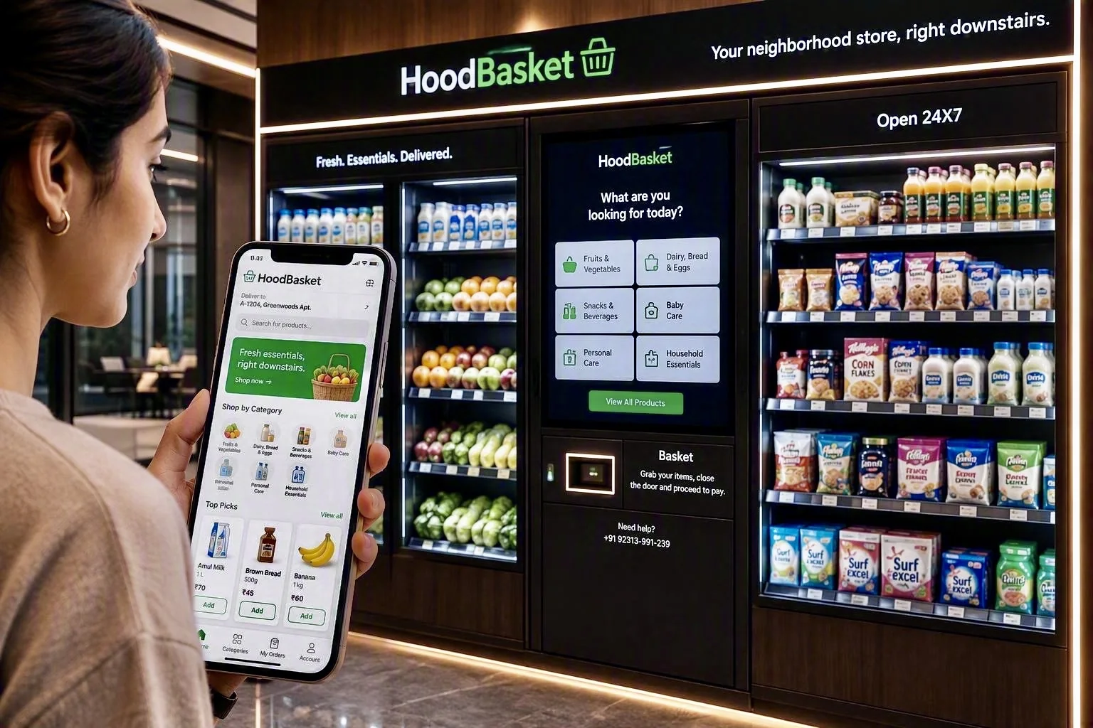 A resident browsing the HoodBasket app beside a market stocked with produce and essentials