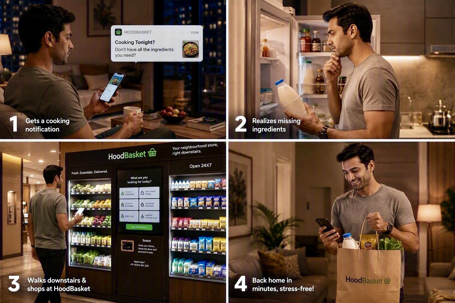 Four-step journey: a resident gets a cooking notification, realizes ingredients are missing, walks downstairs to shop at HoodBasket, and is back home in minutes