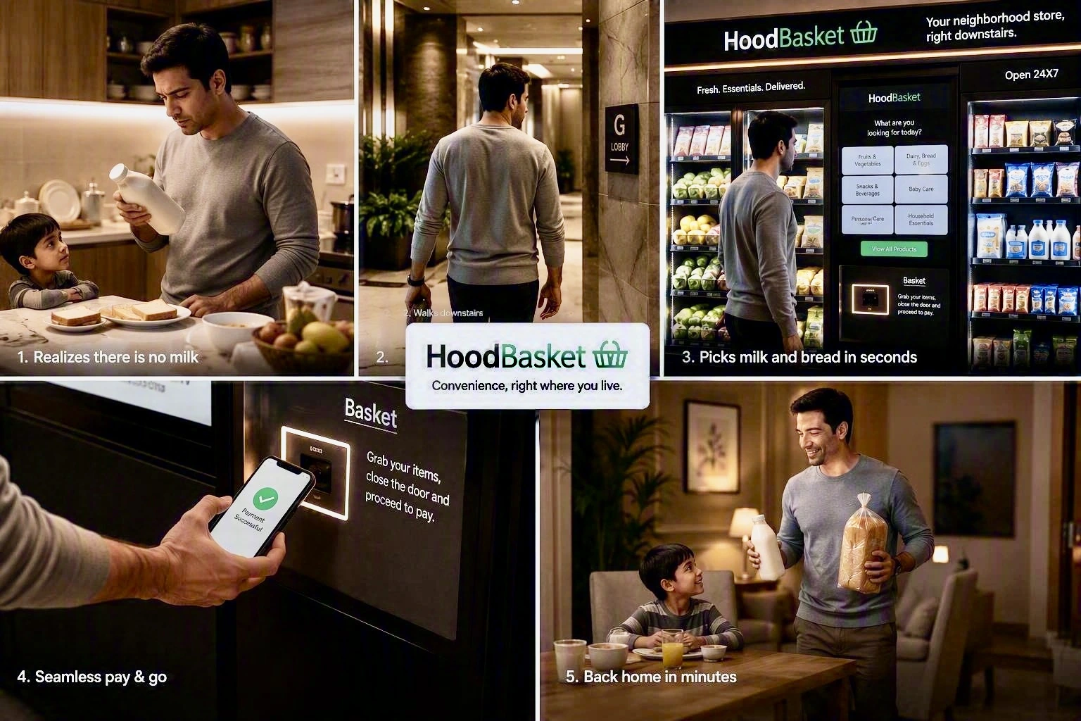 Five-step journey: a father realizes there is no milk, walks downstairs to the lobby, picks milk and bread from the HoodBasket market in seconds, pays with his phone, and is back home in minutes