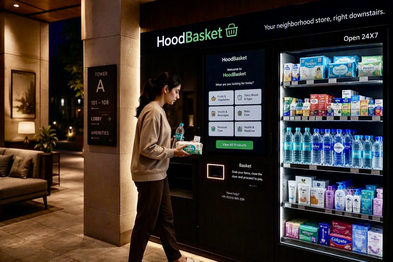 A resident picking an item from a fully stocked HoodBasket market in their building lobby