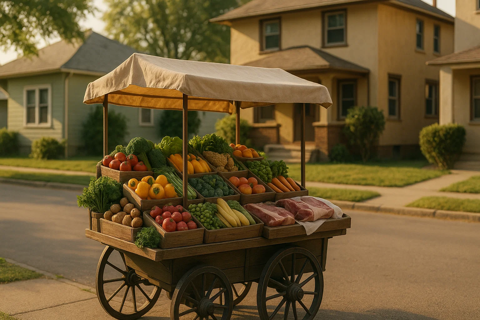 HoodBasket cart with fresh produce in a neighborhood setting