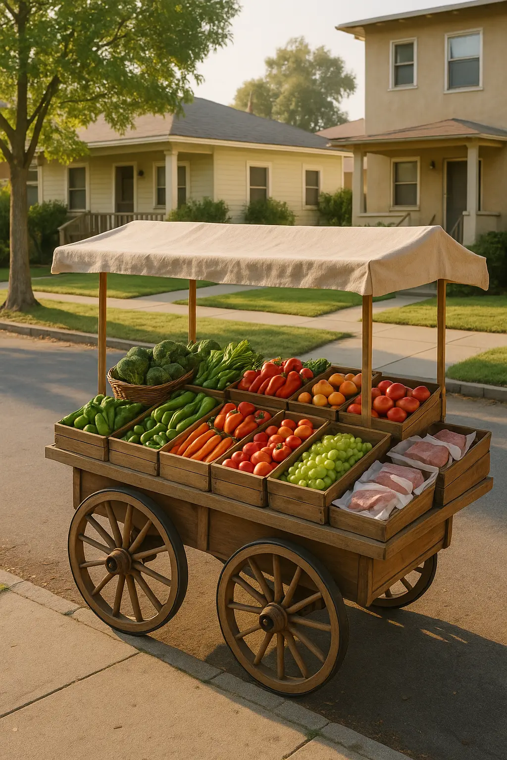 HoodBasket cart with fresh produce in a neighborhood setting